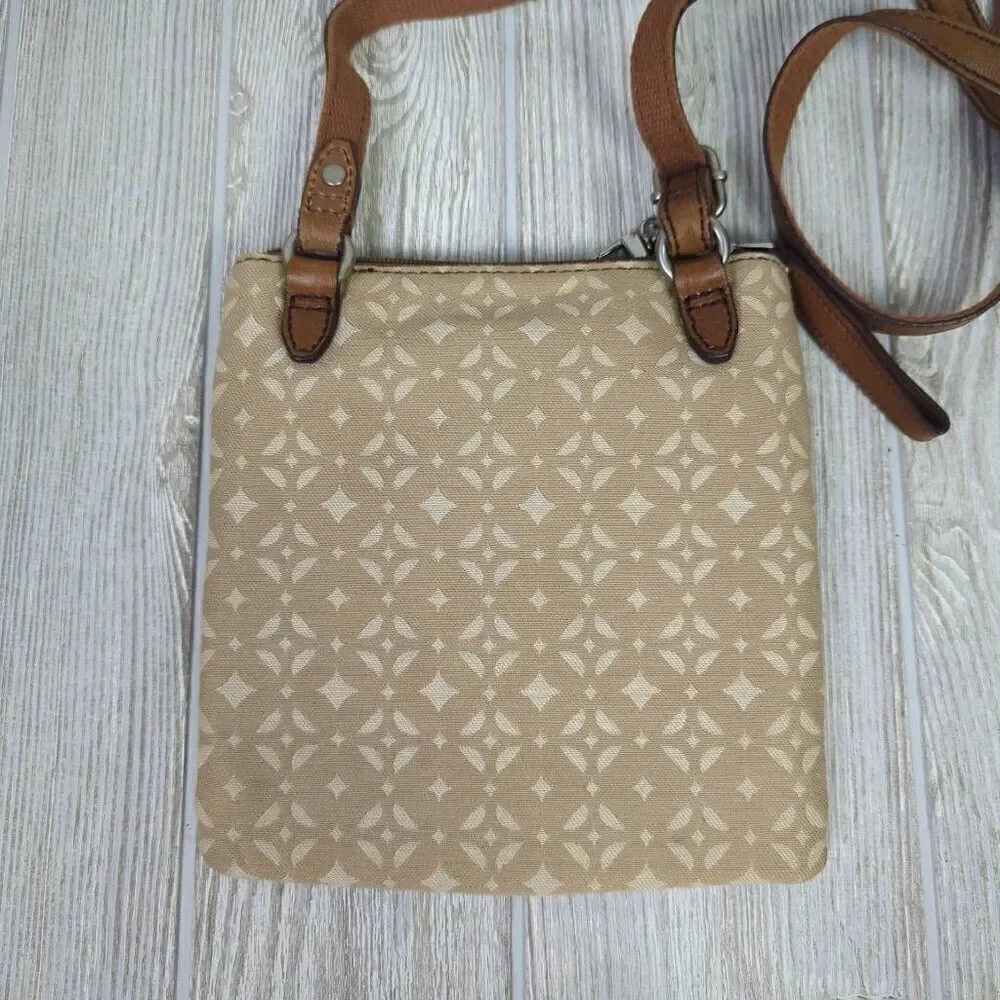 FOSSIL 'MADDOX' VINTAGE ZIP CLOSE CANVAS & LEATHER SMALL CROSSBODY HAND BAG